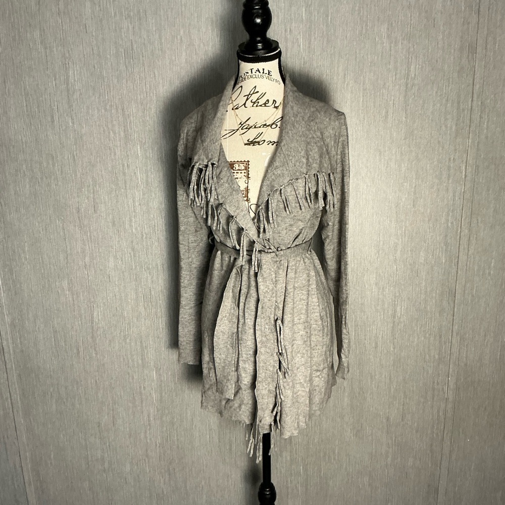 NWOT Adrienne Vittadini Gray Fringe Cardigan Size Small